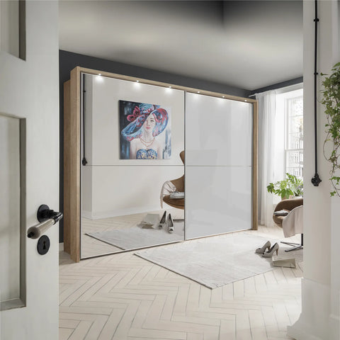 Wiemann Bristol Rustic Oak and Pebble Grey Sliding Door Wardrobe With Mirror, We will Deliver and assemble the wardrobe. Available in 4 Width Sizes 150cm, 200cm, 250cm and 300cm height is 217cm -  Wardrobe with passepartout 