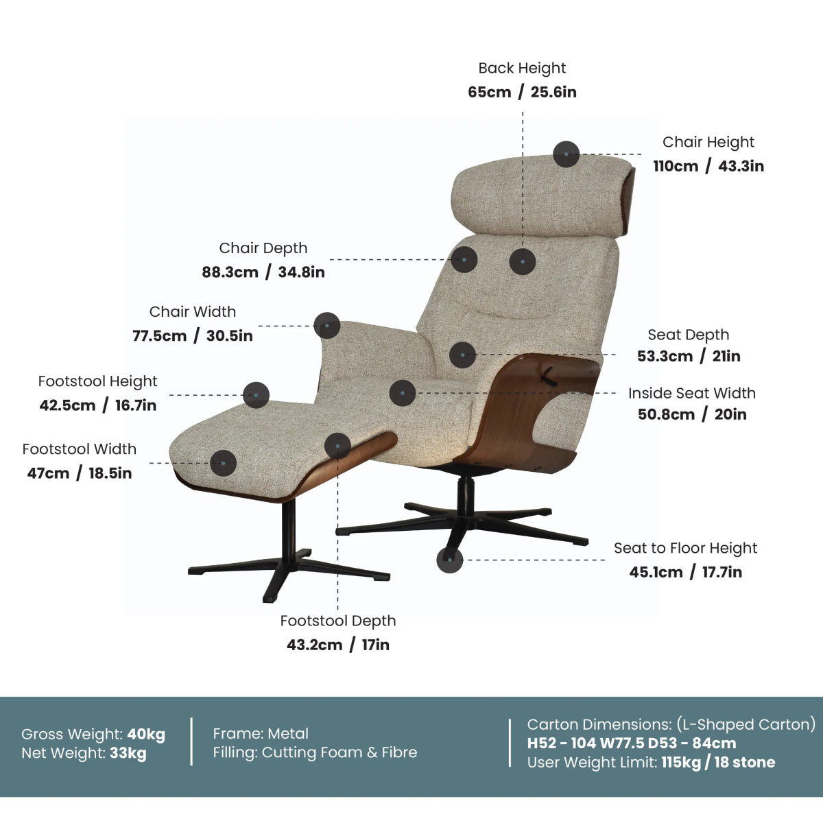 Bern Swivel Chair with Footstool - Pendle Village Furniture