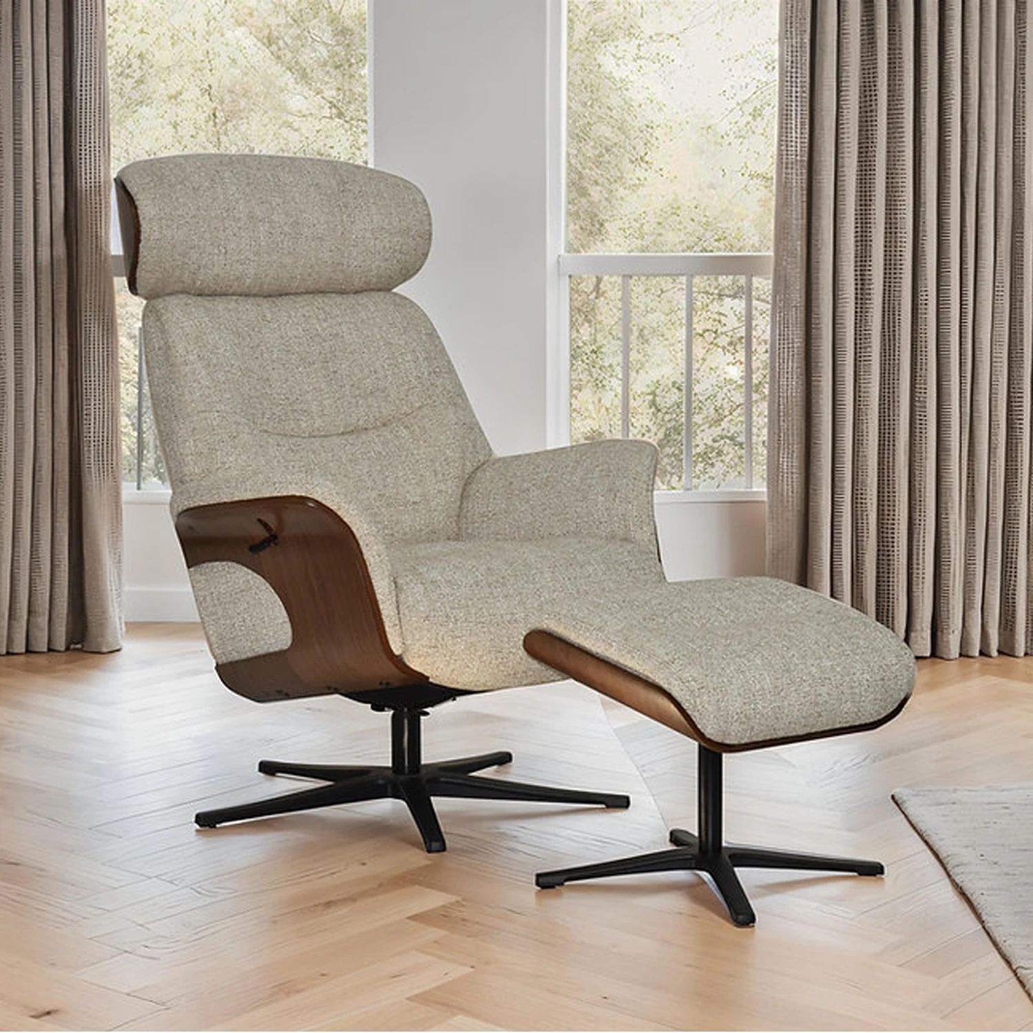Bern Swivel Chair and Footstool. Available in Oatmeal and Cocoa - Lifestyle Image 