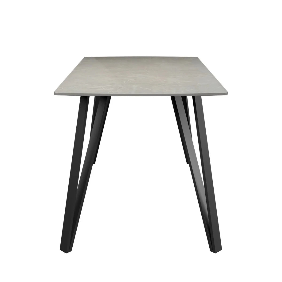 A rectangular Bianco Grey Ceramic dining table with a light gray concrete-look top and black angled metal legs, shown against a plain white background.