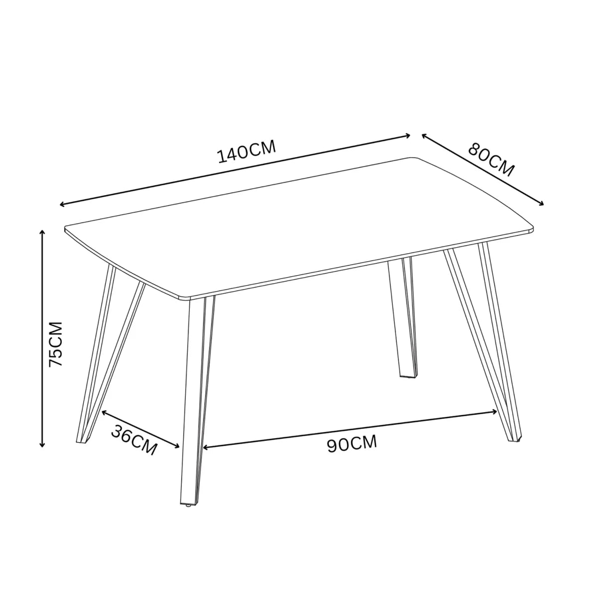A black and white line drawing of a rectangular Bianco Grey Ceramic Dining table with dimension labels showing 140CM length, 80CM width, 75CM height, 90CM base width, and 36CM leg depth.