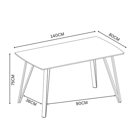 A black and white line drawing of a rectangular Bianco Grey Ceramic Dining table with dimension labels showing 140CM length, 80CM width, 75CM height, 90CM base width, and 36CM leg depth.