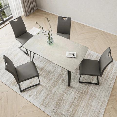 Shop the Bianco 140cm Grey Ceramic Dining Table with 4 Grey Faux Leather Chairs. Featuring a 12mm gloss ceramic top and stylish cantilever chairs.
