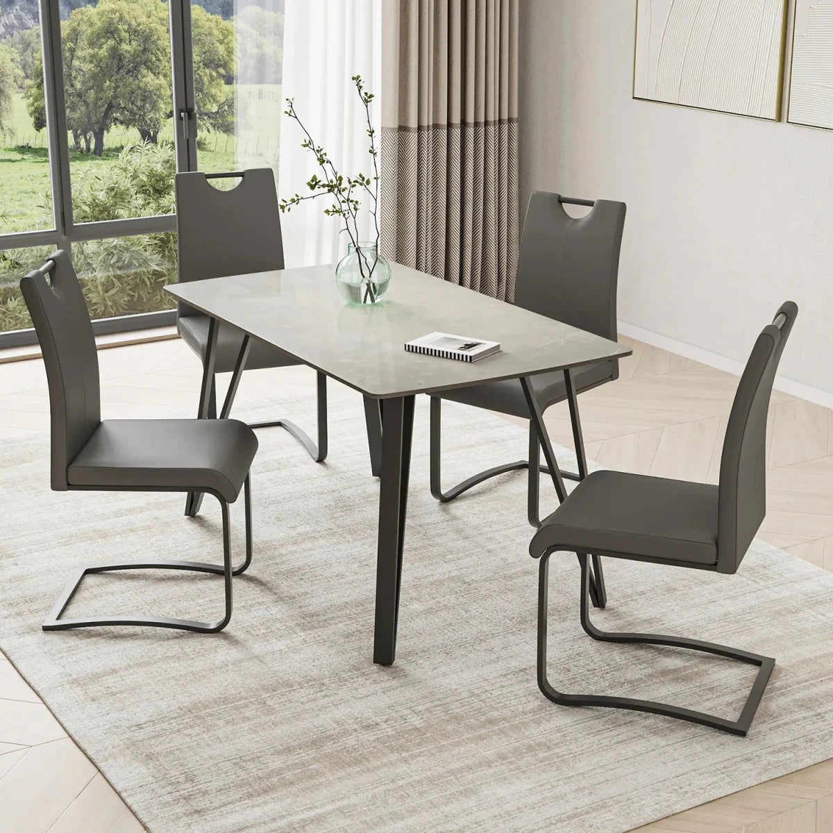 Bianco Grey Ceramic Dining Table with 4 Faux Leather Chairs