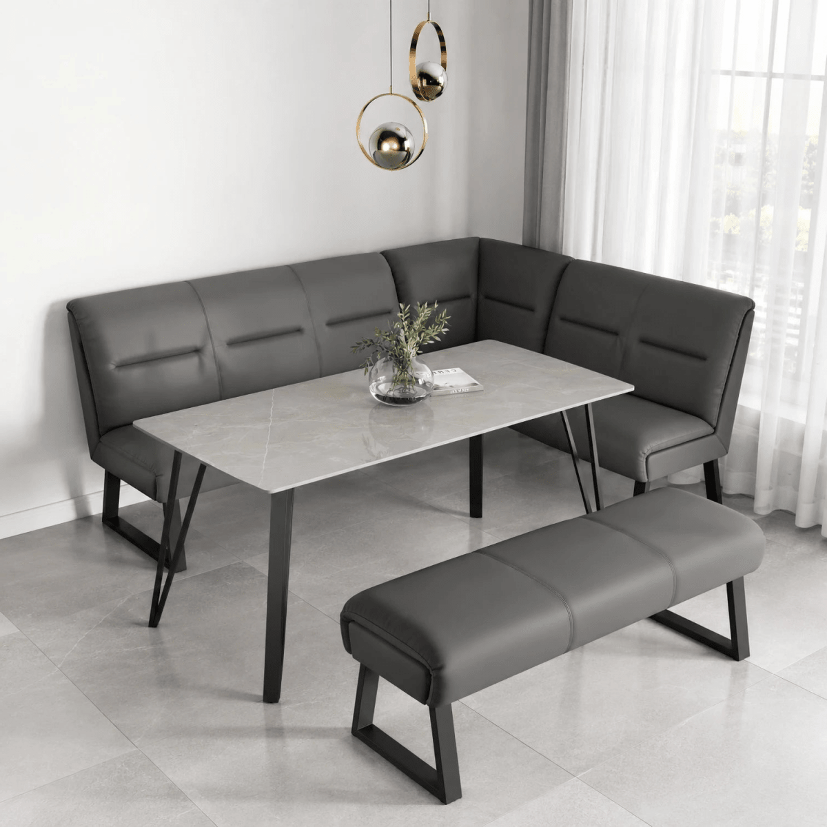 Bianco 140cm Grey Ceramic Dining Table with Cerutti Grey Faux Leather Corner Bench. Choose a backless bench and matching swivel dining chairs.