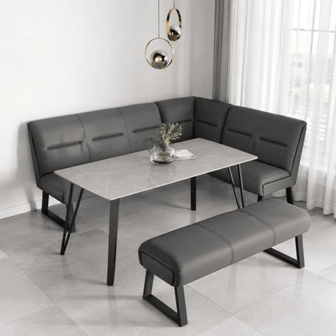 Bianco 140cm Grey Ceramic Dining Table with Cerutti Grey Faux Leather Corner Bench. Choose a backless bench and matching swivel dining chairs.