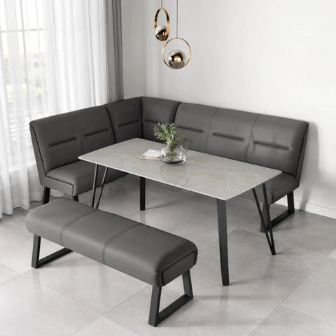 Shop the Bianco 140cm Grey Ceramic Dining Table with Cerutti Grey Faux Leather Corner Bench. Choose a backless bench and matching swivel dining chairs.