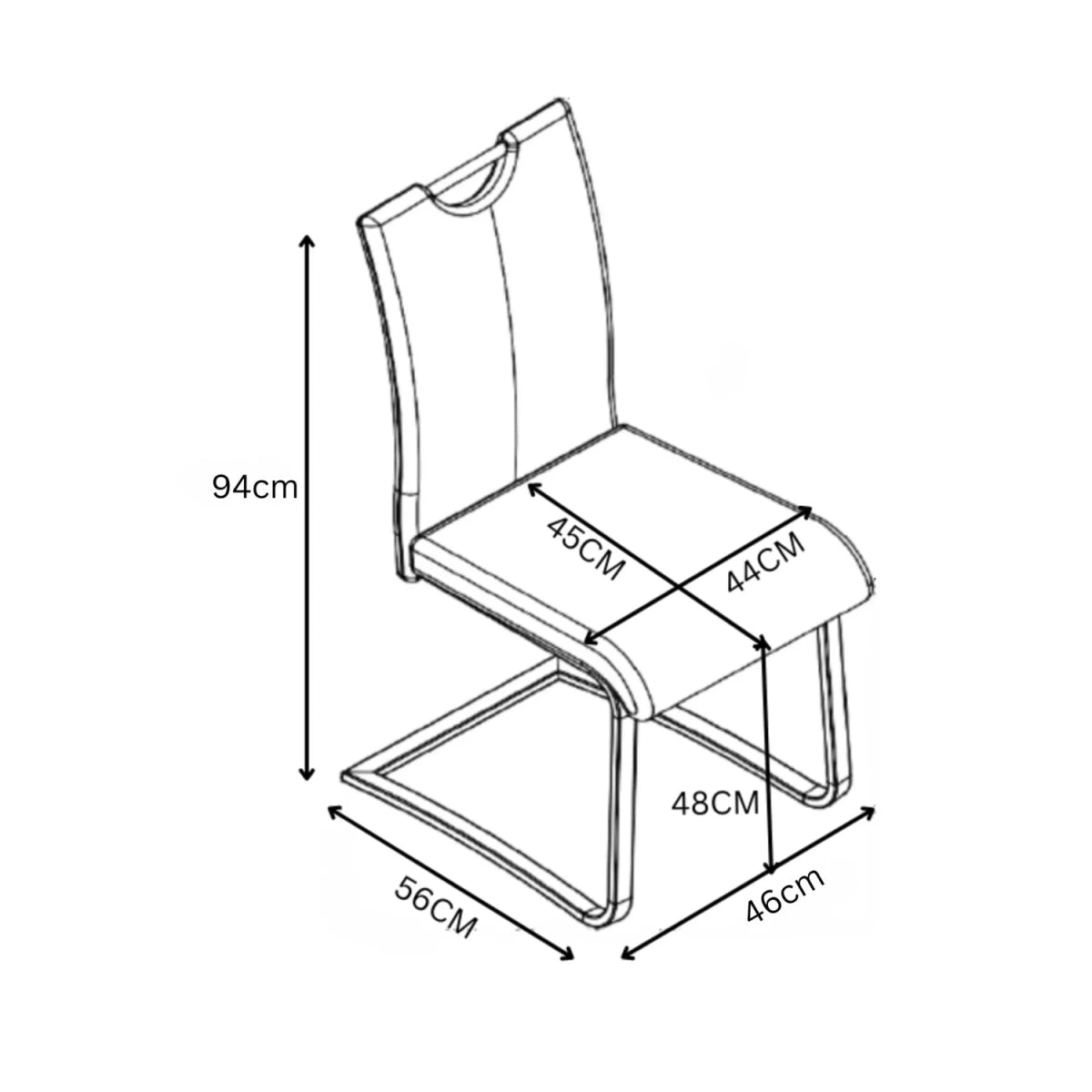 A black-and-white line drawing of a chair with dimension arrows and labels showing height, width, and depth measurements.