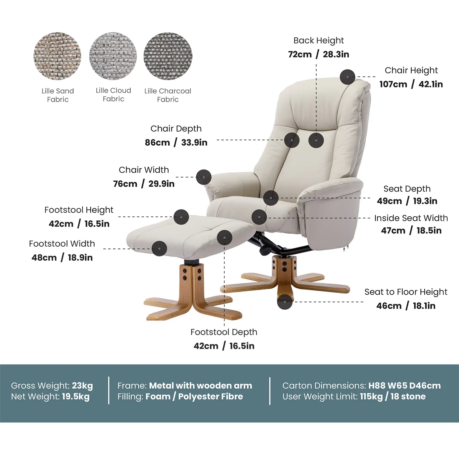 Bigelow Fabric Swivel Recliner Chair with Footstool - Pendle Village Furniture