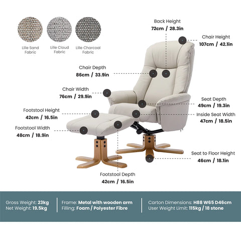 Bigelow Fabric Swivel Recliner Chair with Footstool - Pendle Village Furniture
