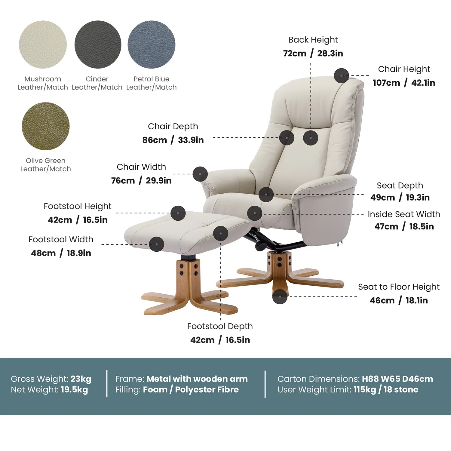 Bigelow Leather Match Swivel Recliner Chair with Footstool - Pendle Village Furniture