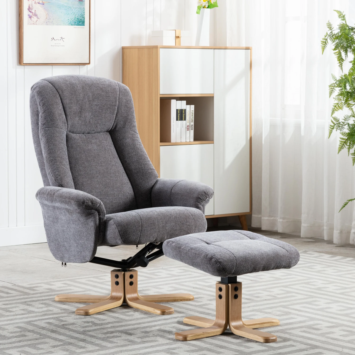 Bigelow Fabric Swivel Recliner Chair with Footstool - Pendle Village Furniture
