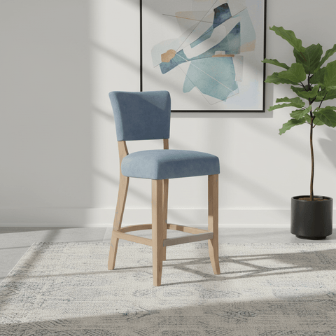 Blue Velvet Bar Chair with Solid Oak Legs