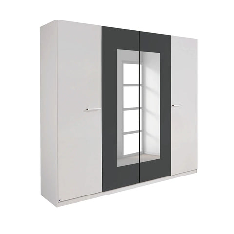 Bobi White 4 Door Wardrobe with Metallic Grey Centre & Mirror Panels – W181cm