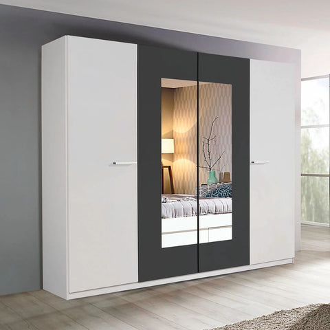 Bobi White 4 Door Wardrobe with Metallic Grey Centre & Mirror Panels – W181cm