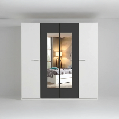 Bobi White 4 Door Wardrobe with Metallic Grey Centre & Mirror Panels – W181cm