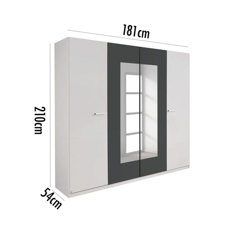 Bobi White 4 Door Wardrobe with Metallic Grey Centre & Mirror Panels – W181cm