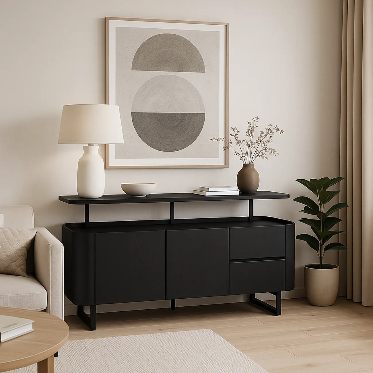 Bradley large sideboard in black ash with floating top design, adjustable shelves & drawers. SmarTops® heat & scratch resistant finish Styled in a Living Room