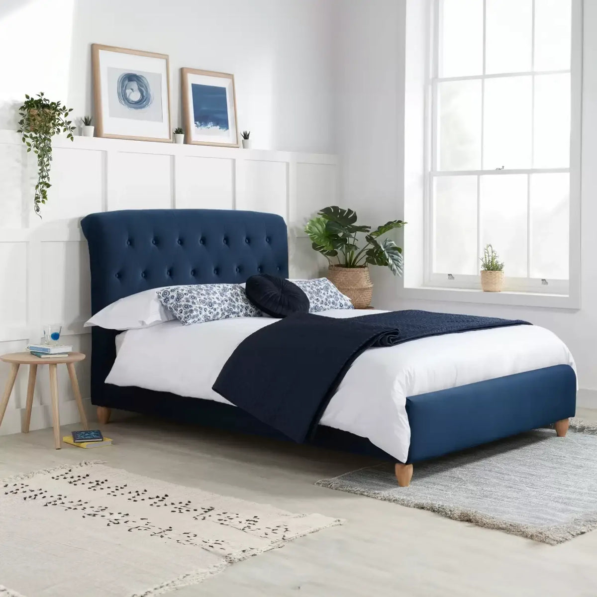 Bradley Midnight Blue Plush Velvet Fabric Bed - Pendle Village Furniture