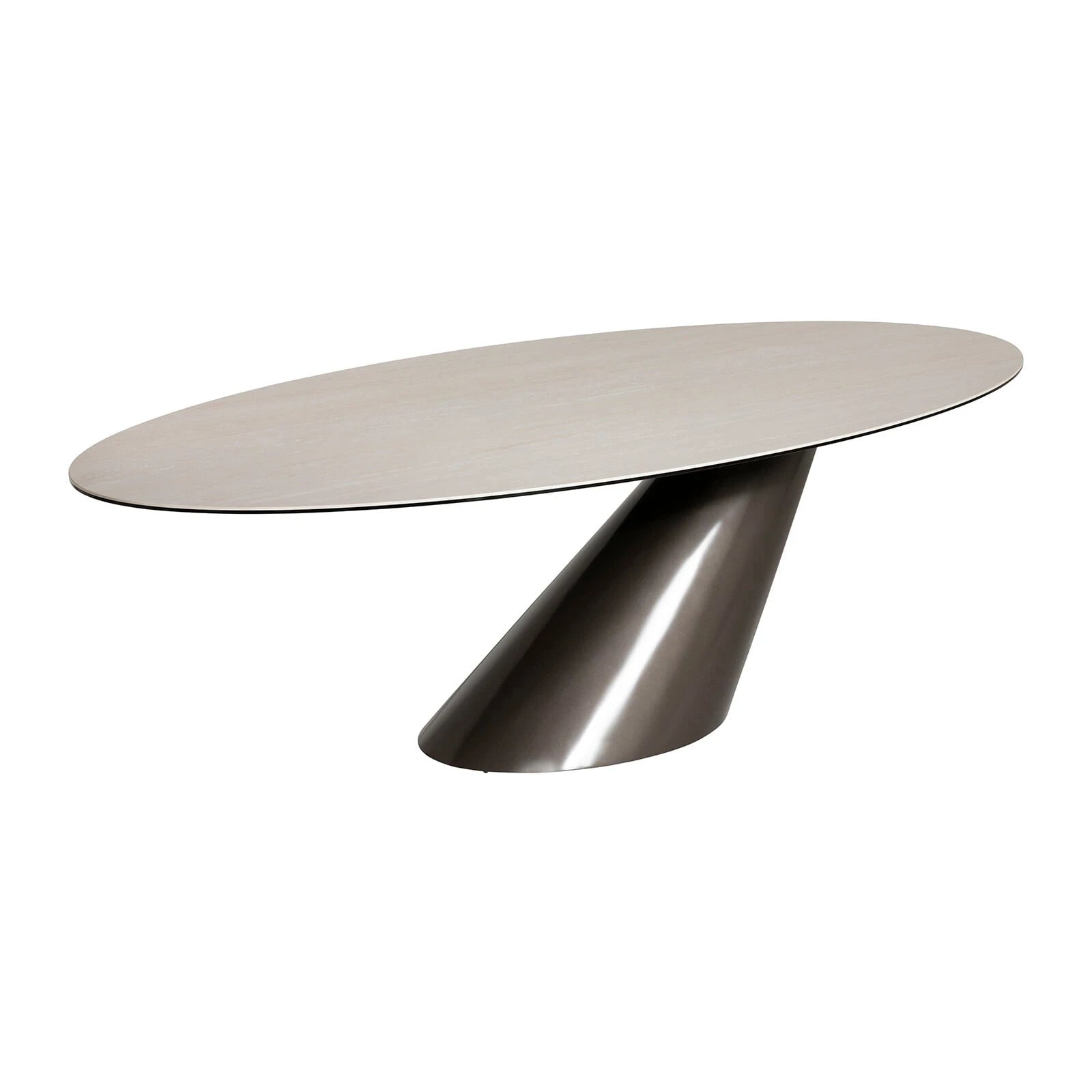 Modern oval ceramic dining table with sculptural cylindrical base