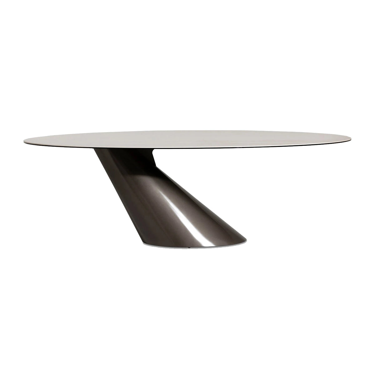 The Brann 200cm oval ceramic dining table features a white ceramic top and sculptural bronze pedestal base. Seats up to 6 in contemporary style.