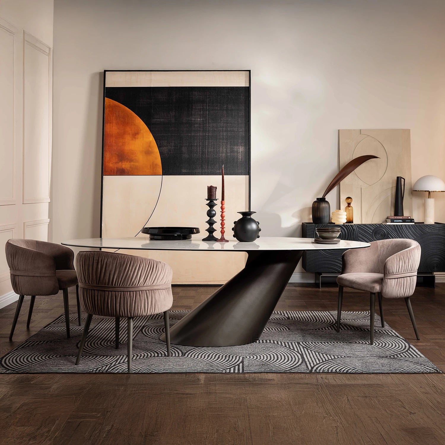 Glass House Brann 200cm Oval Ceramic Dining Table Bronze Base