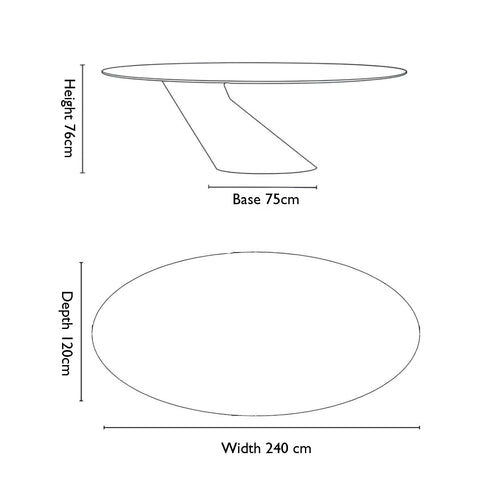 Measurement chart of a Brann Oval table with dimensions labeled.