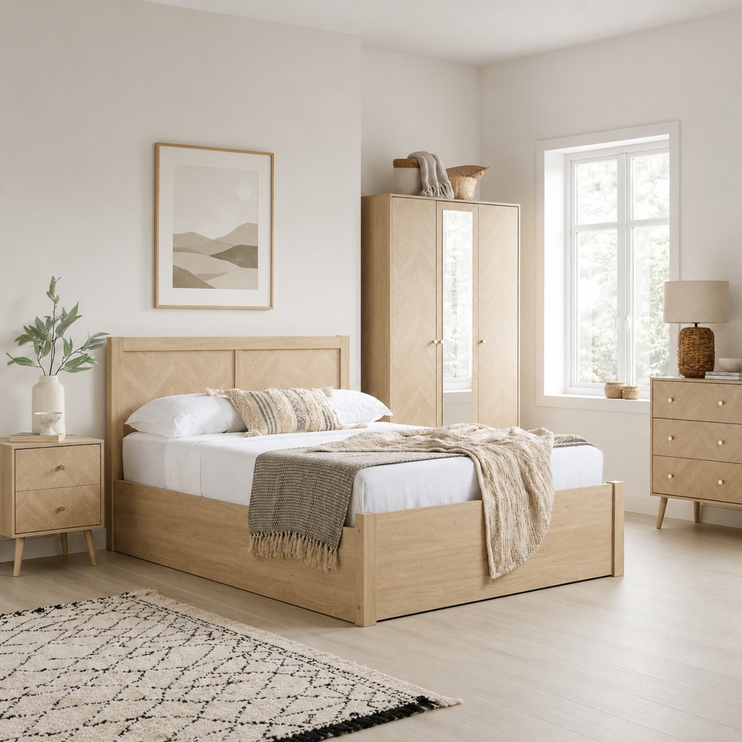 Ottoman bed with chevron design and oak or walnut effect wood finish.