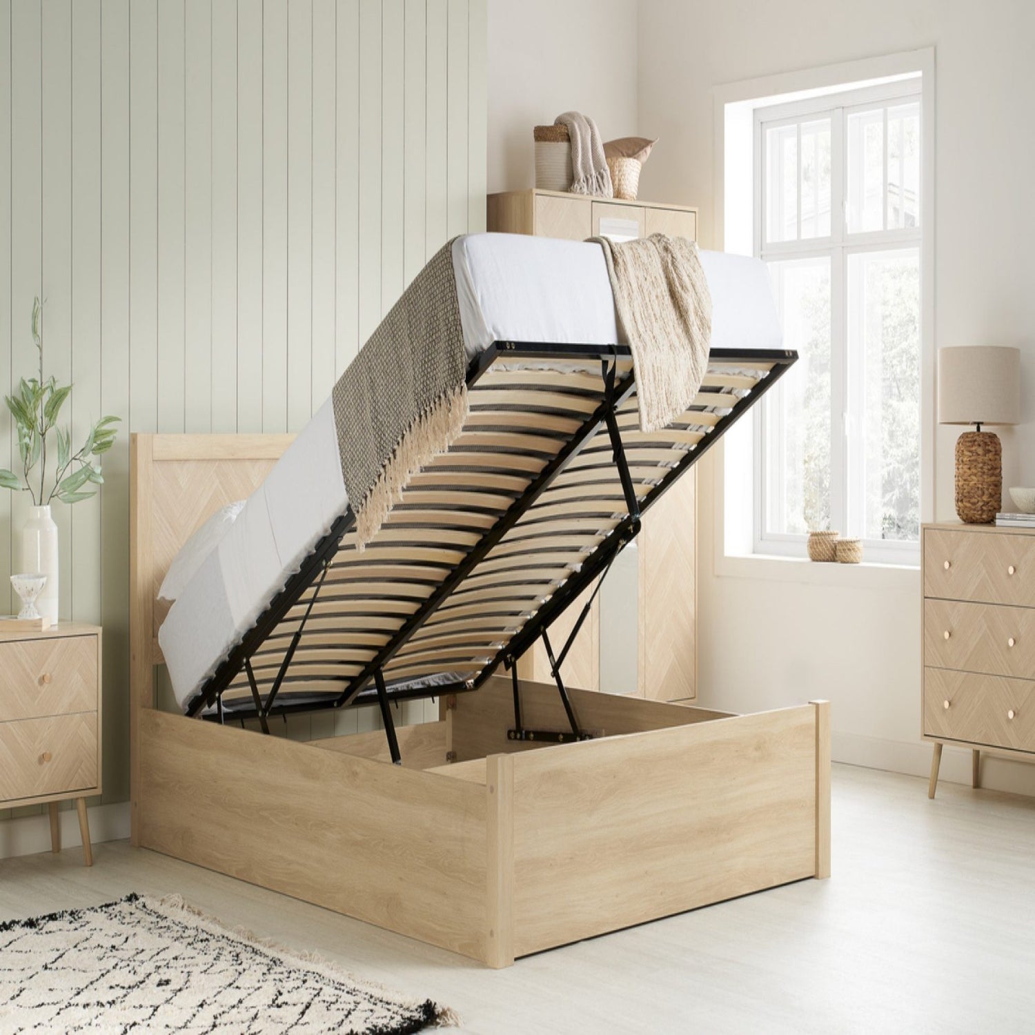 Lift up ottoman bed with spacious hidden storage compartment underneath.
