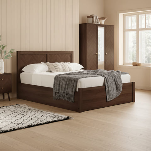 Modern headboard with symmetrical chevron design and textured finish.