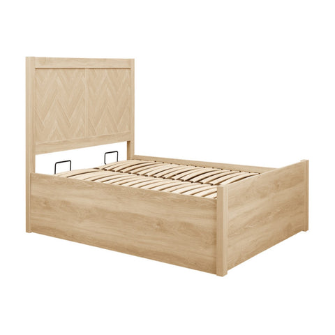Durable bed frame with realistic wood grain laminate finish.