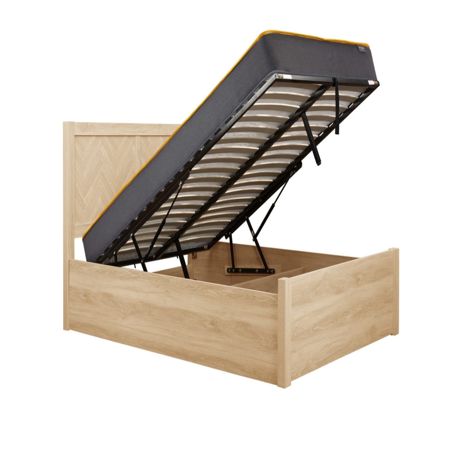 Underbed storage with easy lift mechanism for convenient access.
