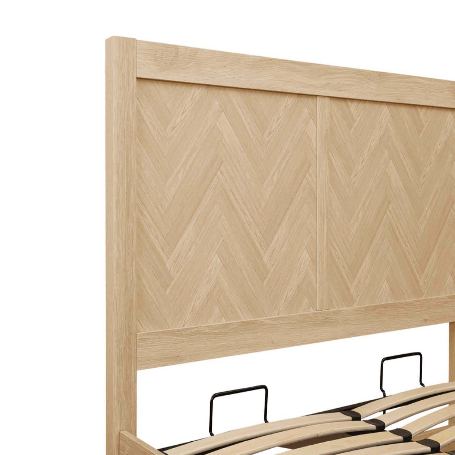 Chevron patterned headboard with geometric wood effect detailing.