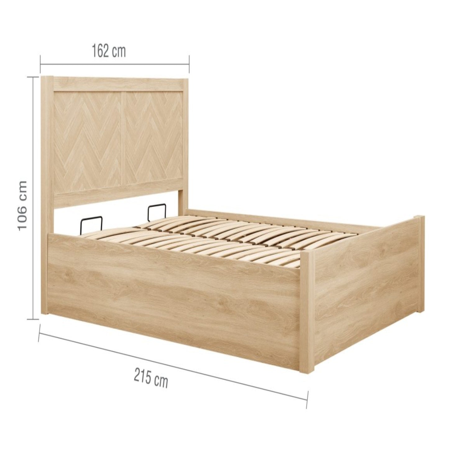Detailed bed frame dimensions with headboard height information.