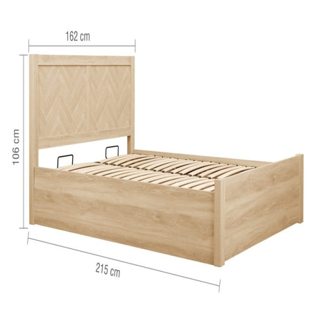 Detailed bed frame dimensions with headboard height information.