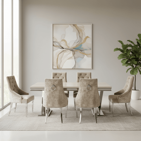 Vittoria 1.8M Cream Marble Dining Table with Mink Dining Chair Set