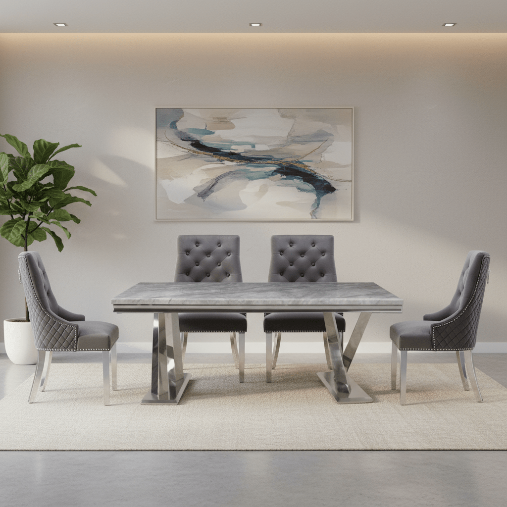 Vittoria 1.8M Grey Marble Dining Table with Roma Grey Dining Chair Set