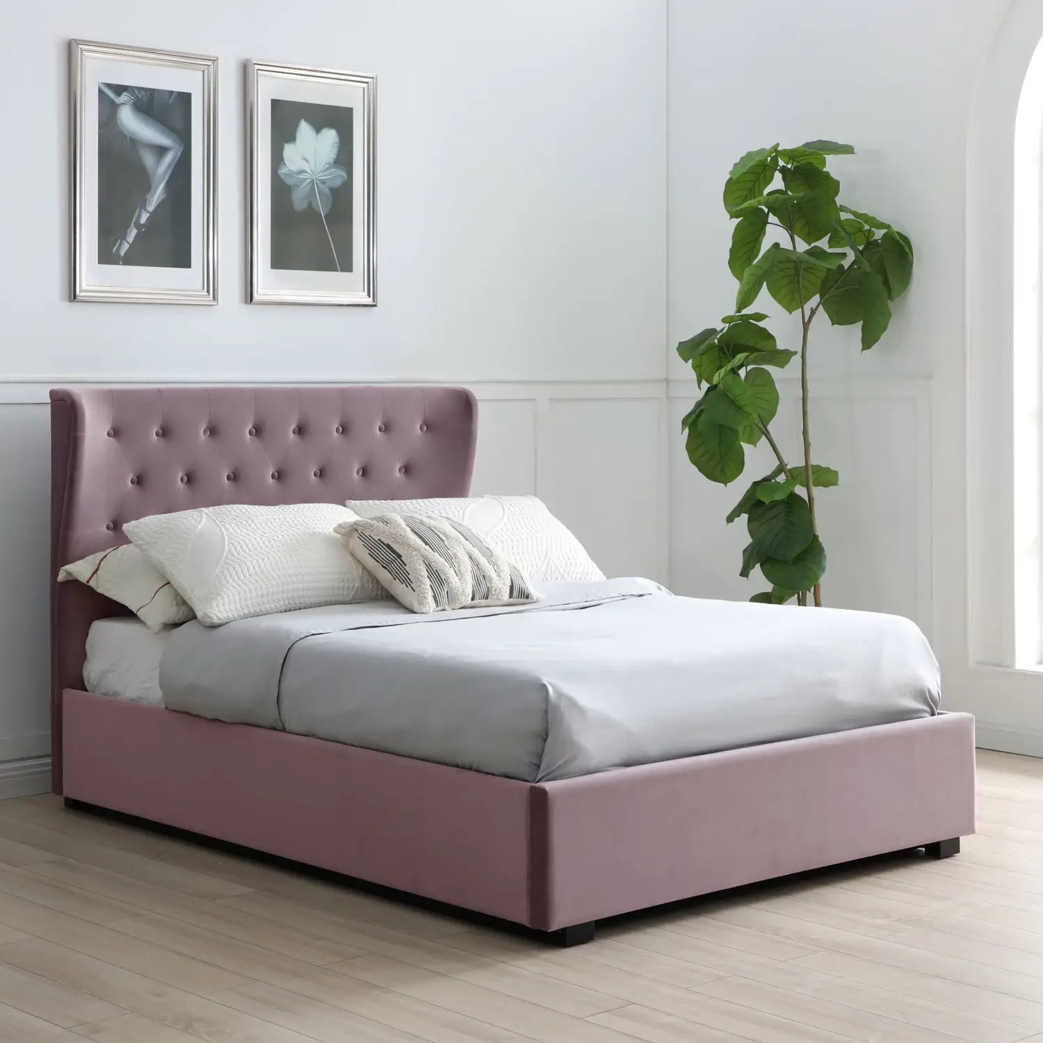 Bristol Grey Velvet Ottoman Bed, also available in Pink and Ink Blue - Lifestyle Image Pink Bed