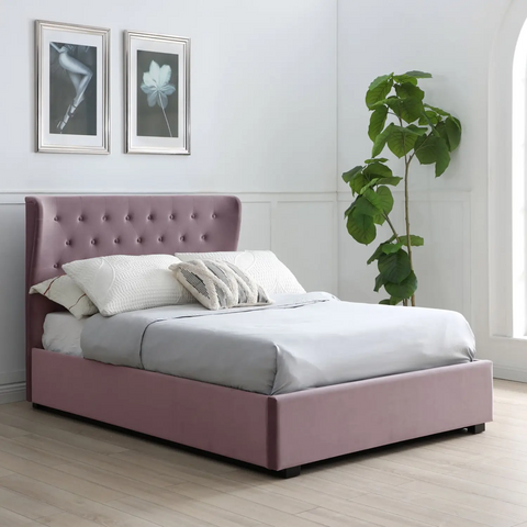 Bristol Grey Velvet Ottoman Bed, also available in Pink and Ink Blue - Lifestyle Image Pink Bed