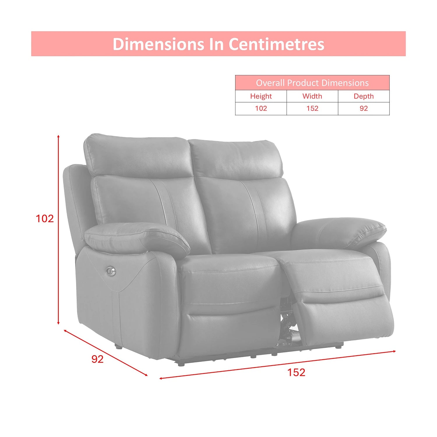 Electric 2 seater  reclining leather sofa with pocket sprung seats - Dimensions