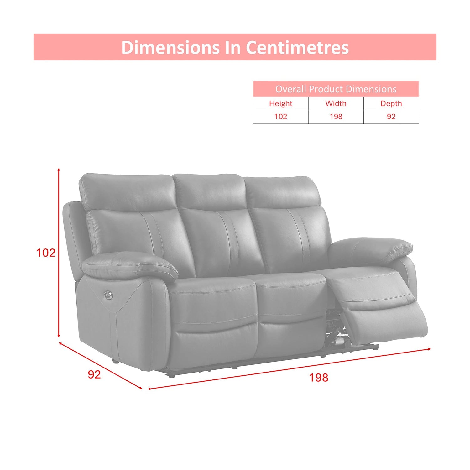 Electric 3 seater  reclining leather sofa with pocket sprung seats - Dimensions