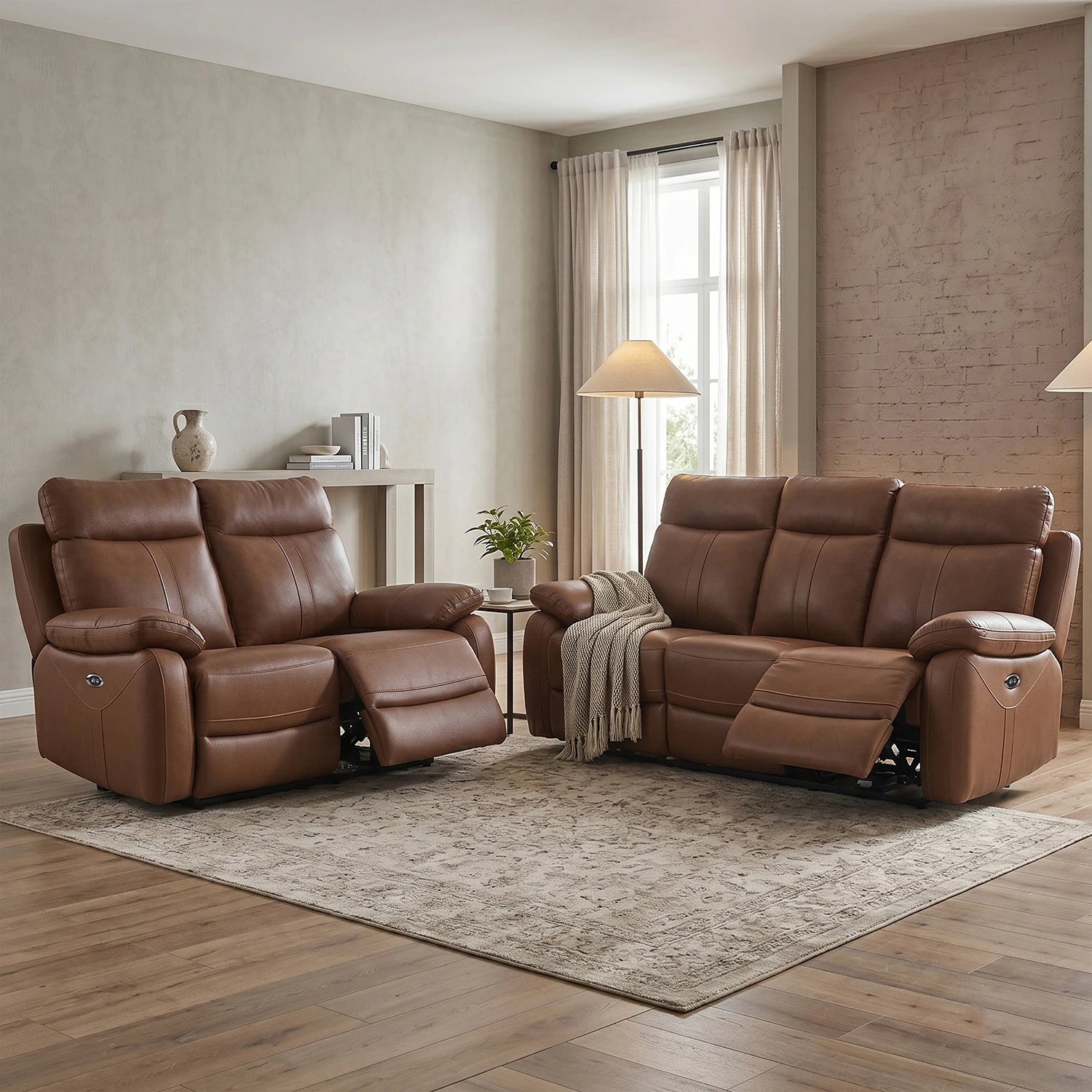 Britania 3+2 electric recliner sofa suite in tan top grain leather with USB charging ports and pocket sprung seats.