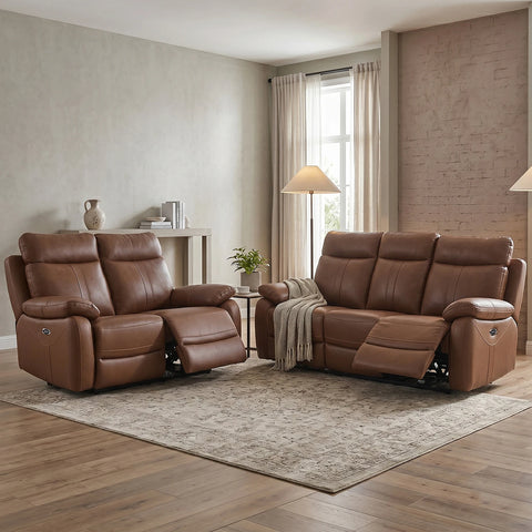 Britania 3+2 electric recliner sofa suite in tan top grain leather with USB charging ports and pocket sprung seats.