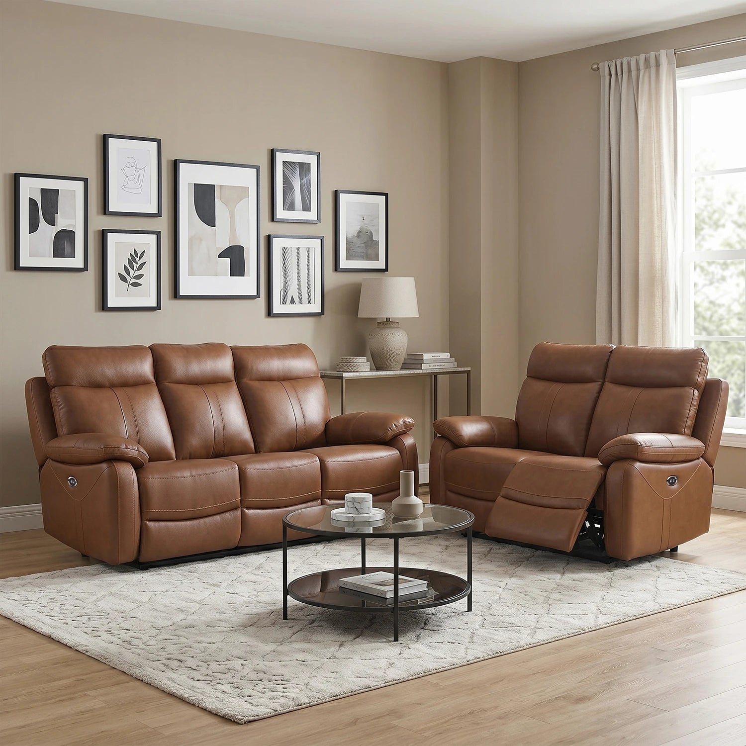 Brown leather recliner sofa set in a living room with decor elements.