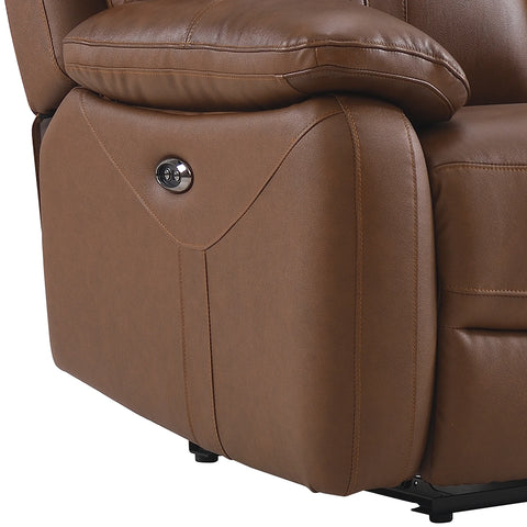Brown leather recliner chair with a close-up of the armrest and button.