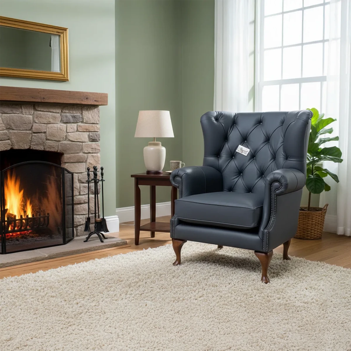 Oswald & Pablo Grey Smooth Leather High Round Back Wing Chair