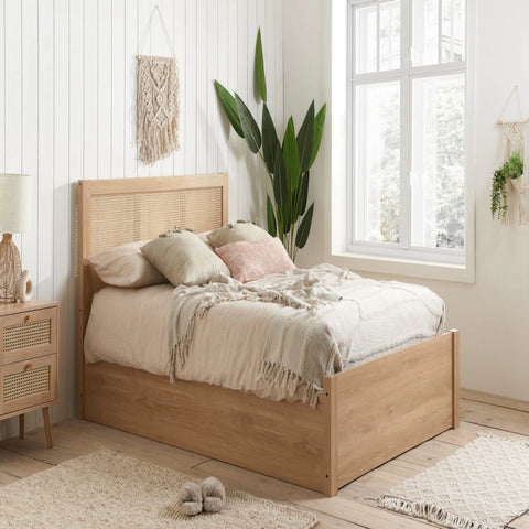 Minimalist bohemian bed with warm tones.