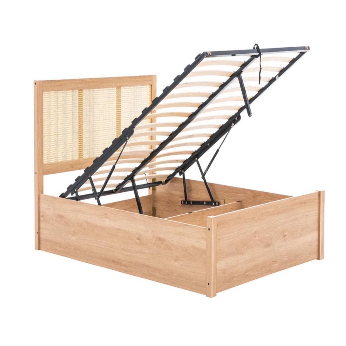 Modern ottoman bed with hydraulic lift system.