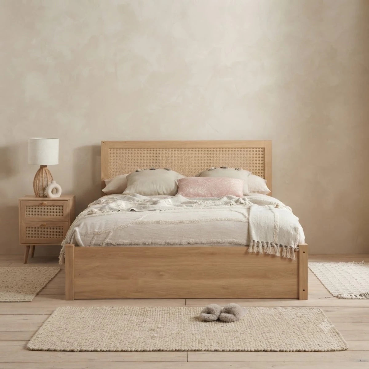 Contemporary bed with natural aesthetic appeal.