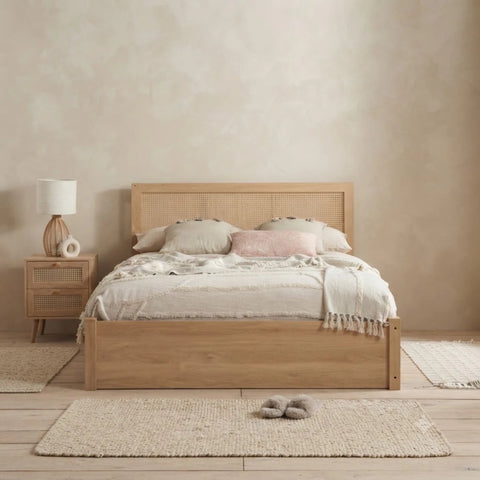 Contemporary bed with natural aesthetic appeal.